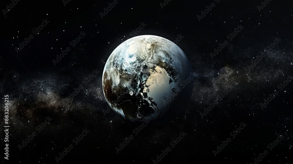 Naklejka premium This image showcases a serene blue planet gliding through the vastness of space, presenting a tranquil and mesmerizing view of the universe with swirling cosmic clouds.