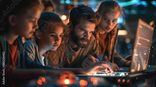 Teacher guiding students through a didactic lesson on coding, with laptops and screens, Futuristic, Cool Tones, 3D rendering