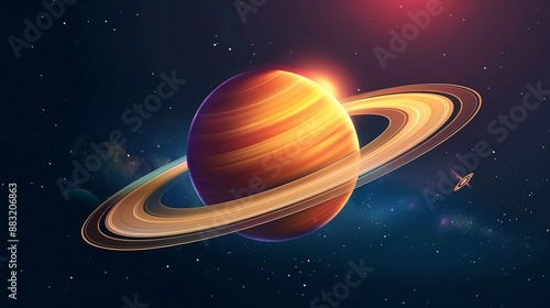 A captivating digital representation of Saturn featuring illuminated rings and a visible moon, highlighting its grandeur and the vastness of the cosmos, blending realism and imagination.