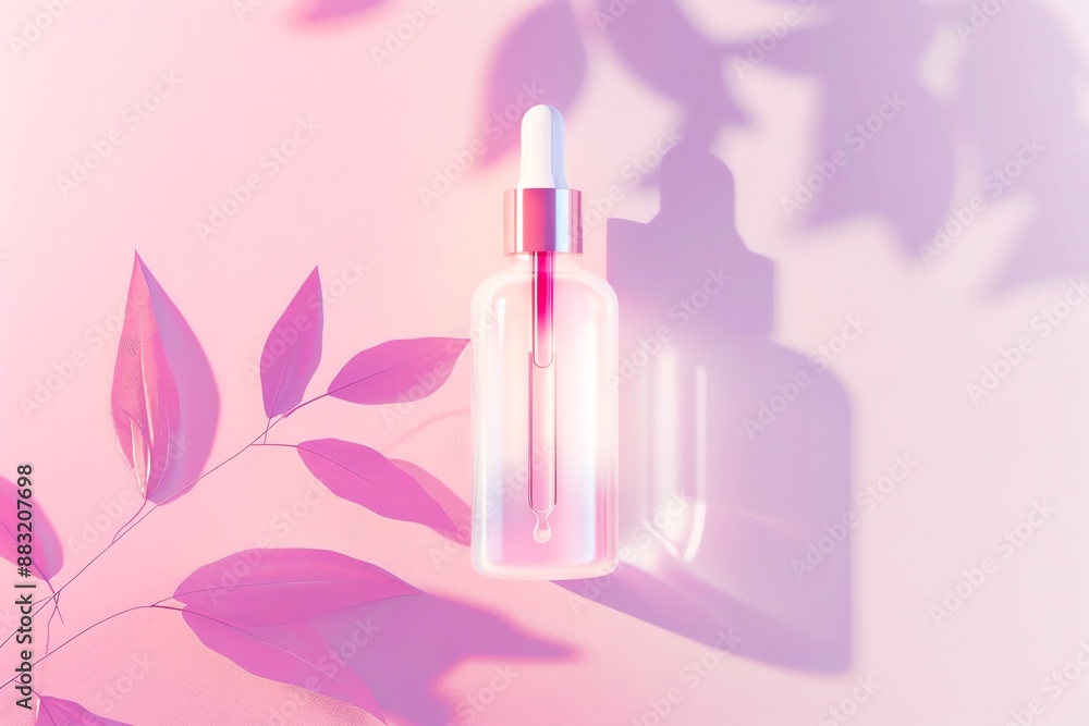 Elegant glass dropper bottle with pink liquid casts a beautiful shadow on a pastel background, complemented by pink leaves. Elegant glass dropper bottle with pink liquid casts a beautiful shadow on a pastel background, complemented by pink leaves.