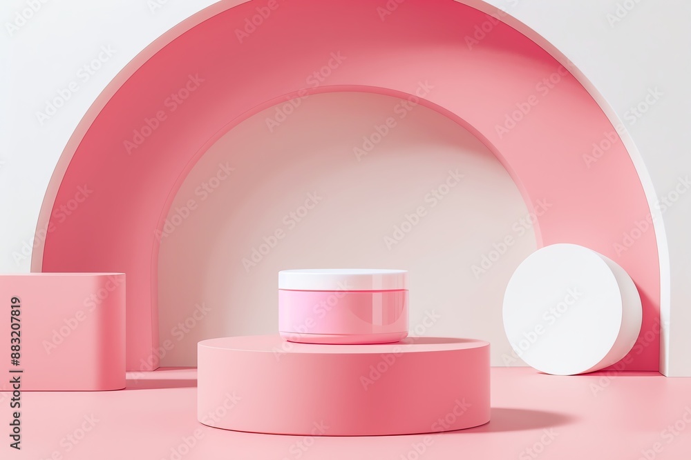 Minimalist pink and white skincare product packaging on modern geometric background with pink arch and circular shapes. Perfect for cosmetics branding. Minimalist pink and white skincare product packaging on modern geometric background with pink arch and circular shapes. Perfect for cosmetics branding.