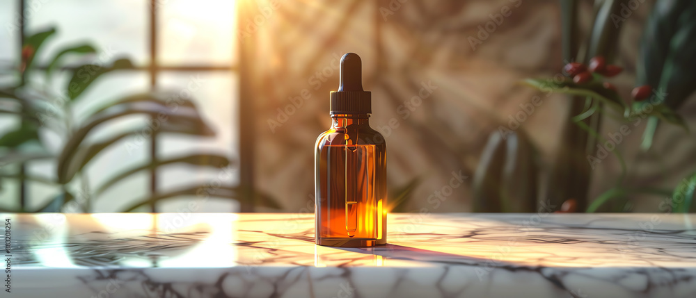 Dropper bottle with essential oil or medicine on blurred background of green leaves and sunlight. Natural organic skincare, naturopathy. Dropper bottle with essential oil or medicine on blurred background of green leaves and sunlight. Natural organic skincare, naturopathy.