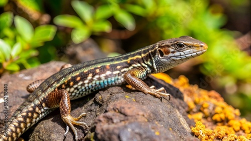 Madeiran wall lizard (Teira dugesii) is a species of lizard in the family Lacertidae. The species is endemic to Madeira Islands, Portugal. © Alon