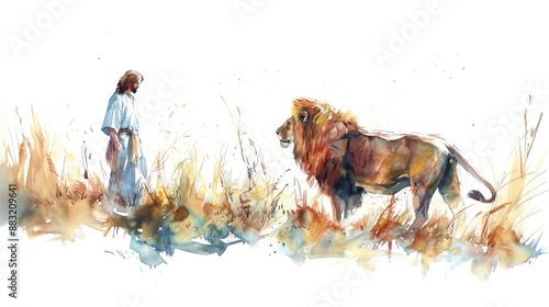 Jesus the Lion of Judah. Digital watercolor sketch of a man with a lion in the meadow against white background. photo