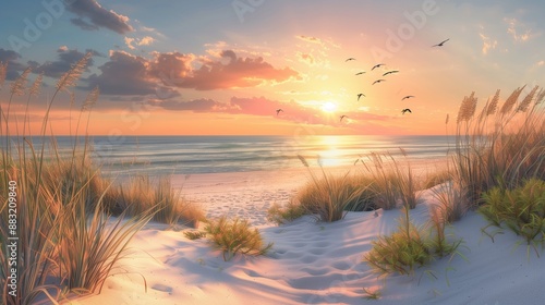 A serene beach at sunset, with sand dunes and grasses swaying in the breeze, and birds flying across the sky as the sun dips below the horizon.