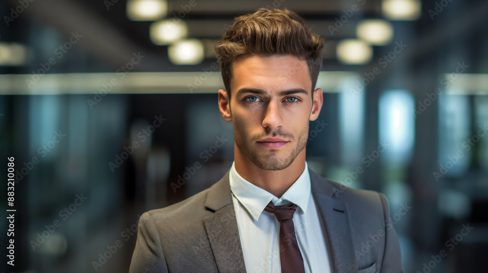 a man in a suit and tie standing in a room with lights on the ceiling and a mirror behind him a man in a suit and tie standing in a room with lights on the ceiling and a mirror behind him