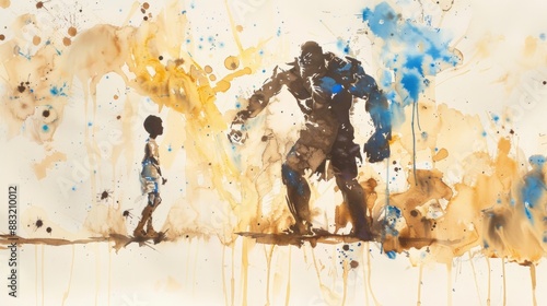 David and Goliath. Abstract background with watercolor splashes and silhouettes of a man and a giant.