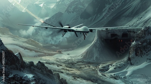 A combat drone launching from a concealed bunker, hidden within a mountainous region photo