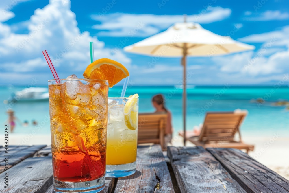 Tropical Drinks on a Wooden Table, Beach Scene with Turquoise Water Tropical Drinks on a Wooden Table, Beach Scene with Turquoise Water
