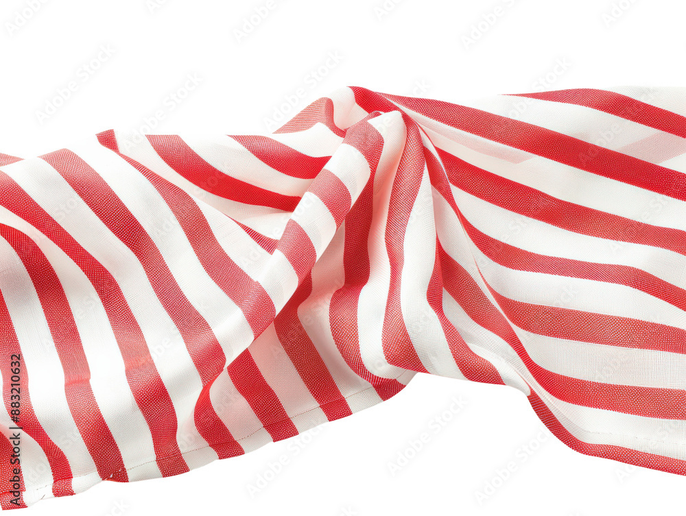 Fototapeta premium Red and white striped fabric, rumpled and spread out, isolated on a white background for use in design and textile