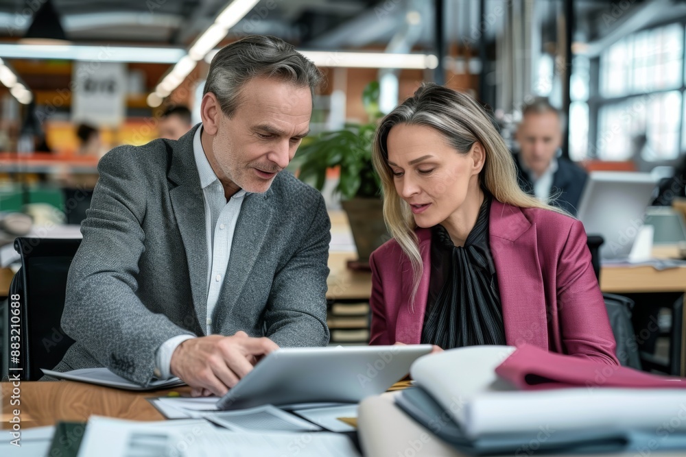 Male and female colleagues looking at tablet PC. Business people are working at desk. They are sitting in textile factory Male and female colleagues looking at tablet PC. Business people are working at desk. They are sitting in textile factory