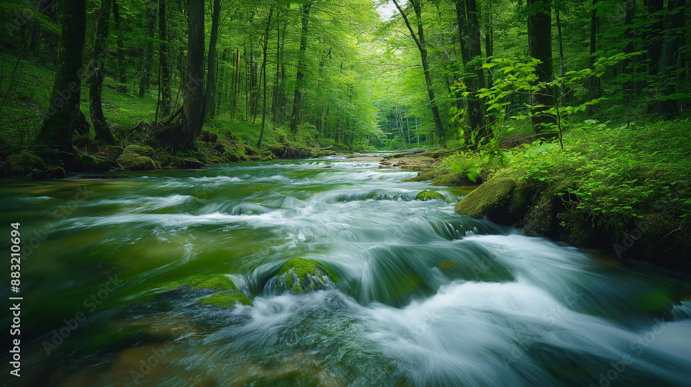 Obraz premium Beautiful forest with a flowing river in spring, green trees and a natural landscape background, Generative AI