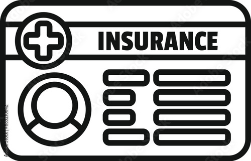 Simple black and white icon of an insurance card, representing health coverage, patient information, and medical billing