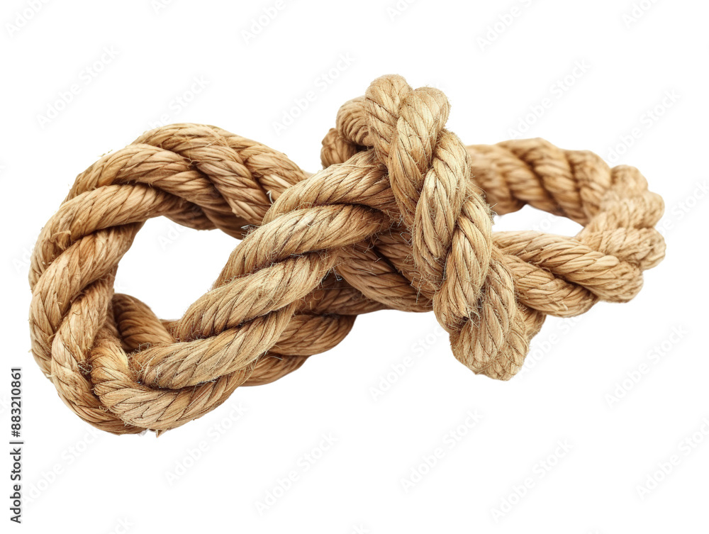Close-up of a tied knot in a thick rope, isolated on a white background, representing strength, connection, and reliability. Close-up of a tied knot in a thick rope, isolated on a white background, representing strength, connection, and reliability.