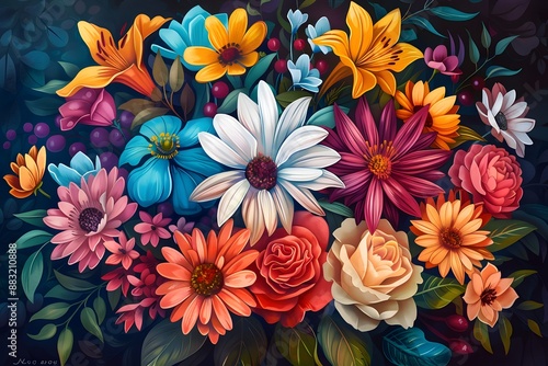 Vibrant Bouquet of Various Colorful Flowers with Lush Greenery and Dark Background © Paisan