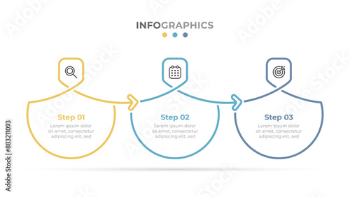 Vector tine line infographic with a sequence of marketing icons. Timeline process with 3 steps and options.