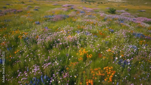 Aerial shot of a vast field of wildflowers in full bloom, patchwork of vibrant colors