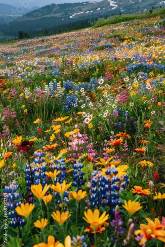 Aerial shot of a vast field of wildflowers in full bloom, patchwork of vibrant colors