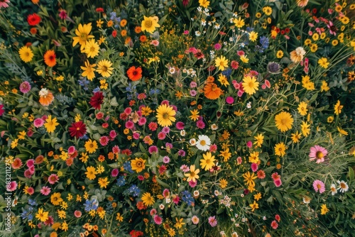 Aerial shot of a vast field of wildflowers in full bloom, patchwork of vibrant colors