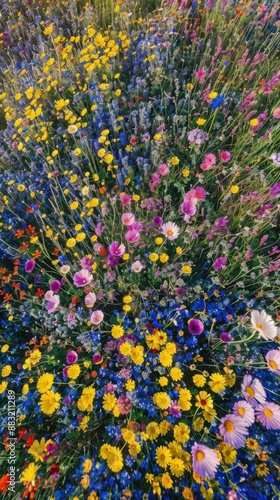 Aerial shot of a vast field of wildflowers in full bloom, patchwork of vibrant colors