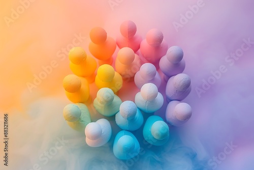 Team roles and responsibilities in a minimalist style, captured from a bird's eye view with a symmetry composition and a bokeh effect, illuminated by soft light, featuring a pastel color scheme.