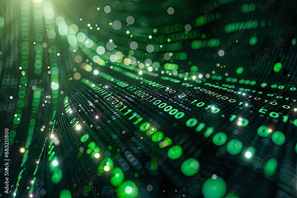 Green dark binary code data streaming background created with Generative AI Green dark binary code data streaming background created with Generative AI