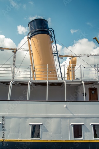 Ein Schiff, das optisch sehr an die Titanic erinnert mit dem gelben Schornstein und der weiß-gelb-schwarzen Lackierung. photo