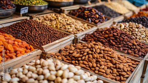 Fototapeta Naklejka Na Ścianę i Meble -  A vibrant display of assorted nuts and dried fruits at a market. The image showcases the variety, richness, and natural colors of healthy snacks