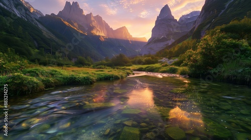 A tranquil mountain valley at dusk, with a clear, winding river flowing through the lush, green valley floor, and towering peaks bathed in the warm, golden light of the setting sun.