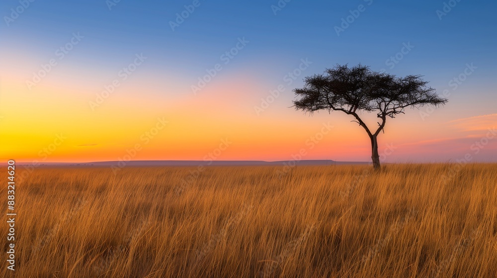 A tranquil savanna at dusk, with golden grasses stretching out towards the horizon, and a lone acacia tree silhouetted against the fiery colors of the setting sun. A tranquil savanna at dusk, with golden grasses stretching out towards the horizon, and a lone acacia tree silhouetted against the fiery colors of the setting sun.