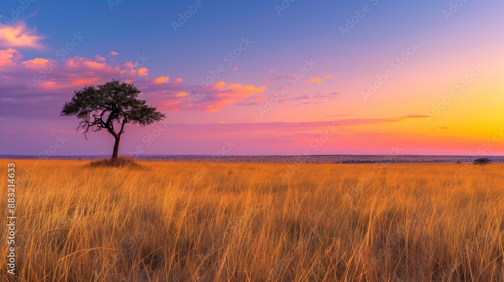 Obraz premium A tranquil savanna at dusk, with golden grasses stretching out towards the horizon, and a lone acacia tree silhouetted against the fiery colors of the setting sun.