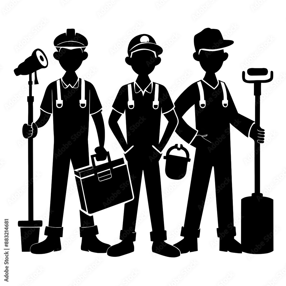 Three plumbers in black and white silhouette. Left: shovel, pipe wrench. Middle: toolbox. Right: paint roller. Generative AI Three plumbers in black and white silhouette. Left: shovel, pipe wrench. Middle: toolbox. Right: paint roller. Generative AI