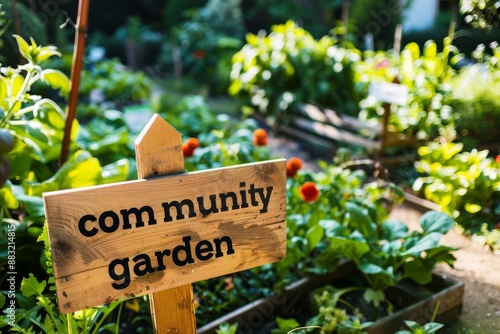 Sunlit Community Garden with Raised Beds and Rustic Wooden Sign
