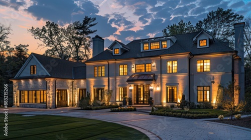 Suburban Colonial home with an integrated smart home system, visible through the contemporary design of the exterior lighting