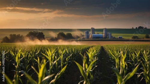 An image of rural agriculture with corn fields and biomass gas generators