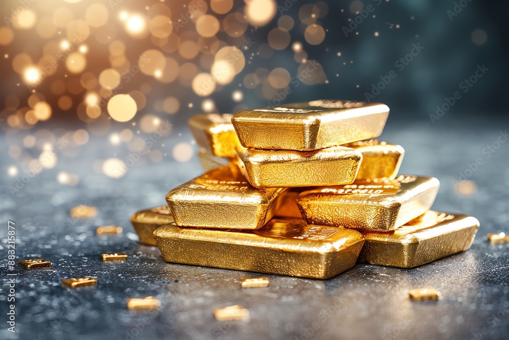 A stack of gold bars with a sparkling bokeh background, symbolizing wealth, luxury, and investment opportunities. A stack of gold bars with a sparkling bokeh background, symbolizing wealth, luxury, and investment opportunities.