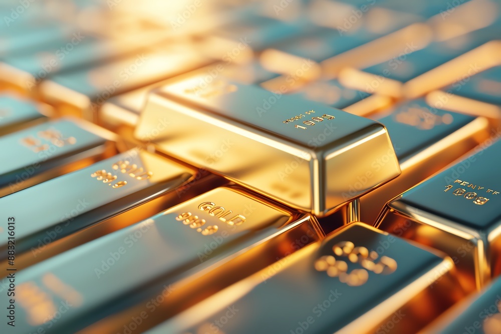Close-up of stacked gold bars reflecting light, representing wealth, luxury, and investment opportunities. Close-up of stacked gold bars reflecting light, representing wealth, luxury, and investment opportunities.