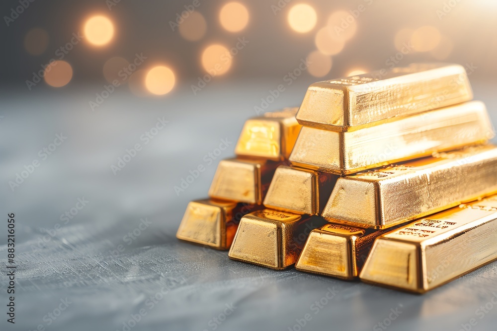 Stack of shiny gold bars on a grey surface with soft bokeh lights in the background, representing wealth and investment opportunities. Stack of shiny gold bars on a grey surface with soft bokeh lights in the background, representing wealth and investment opportunities.