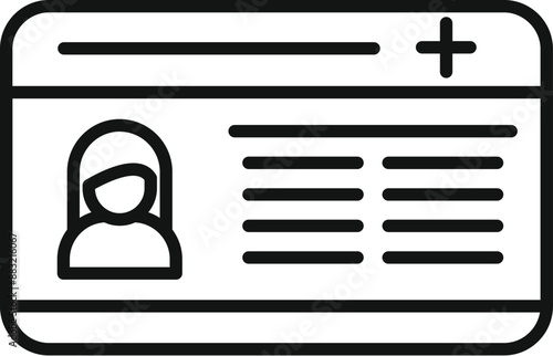 Line icon of an electronic medical record showing a patient's photo and medical information