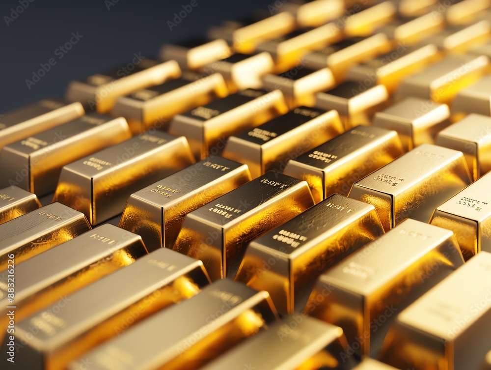 Fototapeta premium A close-up image of multiple gold bars arranged in a neat pattern, reflecting light and displaying their luxurious and valuable nature.