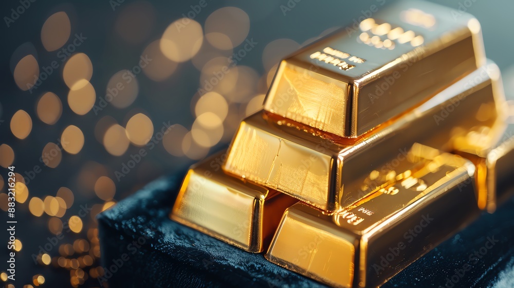 Stacked gold bars on a soft surface with sparkling bokeh in the background, representing wealth and luxury. Stacked gold bars on a soft surface with sparkling bokeh in the background, representing wealth and luxury.