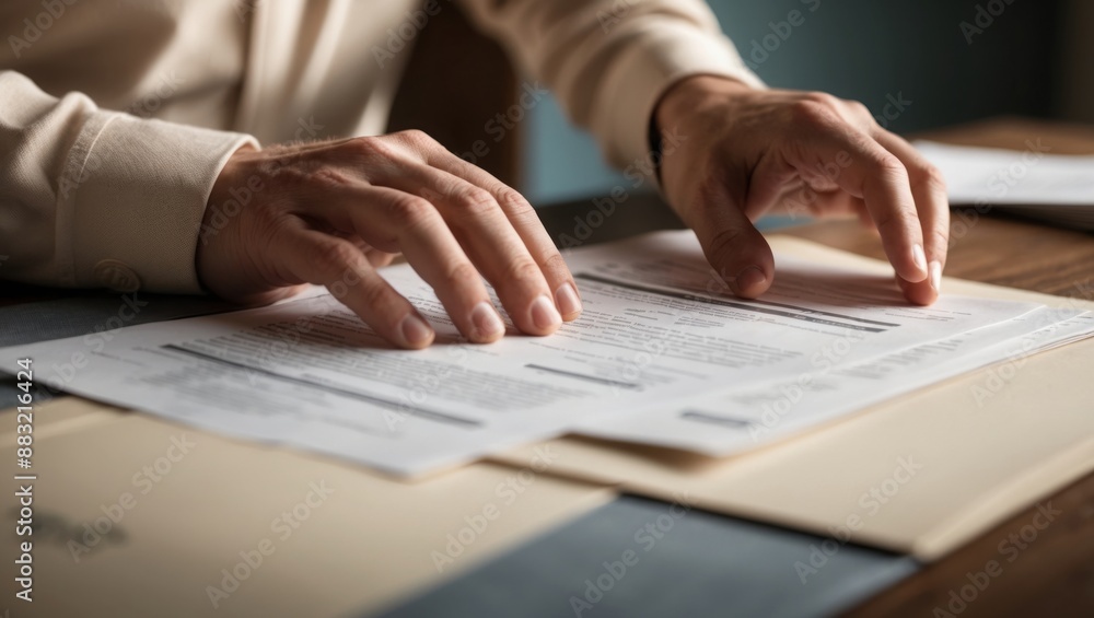 Close Up of Person's Hands Reviewing Documents on Desk Close Up of Person's Hands Reviewing Documents on Desk