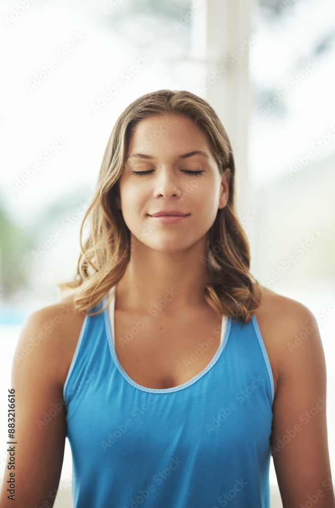 Meditation, calm and woman in sportswear, smile and peace of yoga, routine and zen with pilates in house. Healthy, mindset and breathing of person for wellness, spiritual and relax with faith in home Meditation, calm and woman in sportswear, smile and peace of yoga, routine and zen with pilates in house. Healthy, mindset and breathing of person for wellness, spiritual and relax with faith in home