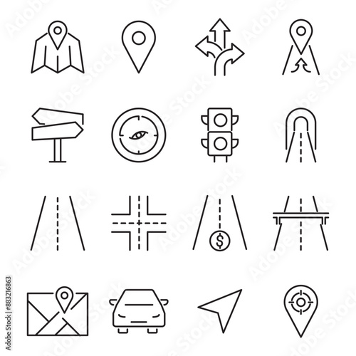 Navigation and roads related editable stroke outline icons set isolated on white background flat vector illustration
