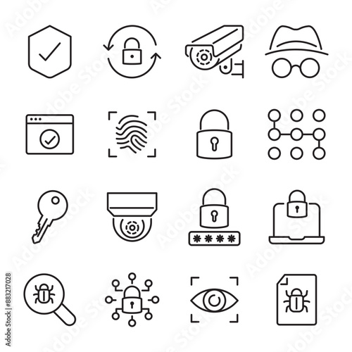 Safety, security and protection concept editable stroke outline icons set isolated on white background
