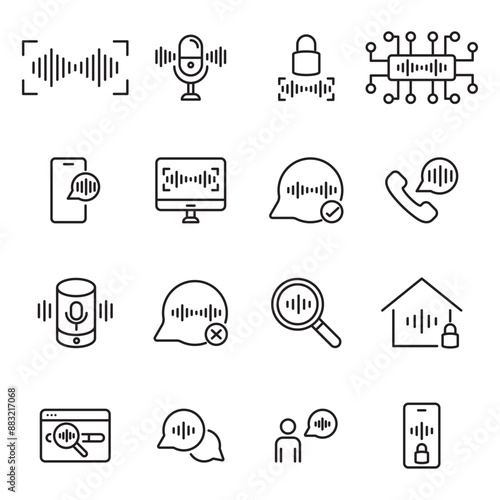 Voice recognition technology editable stroke outline icons set isolated on white background flat vector illustration