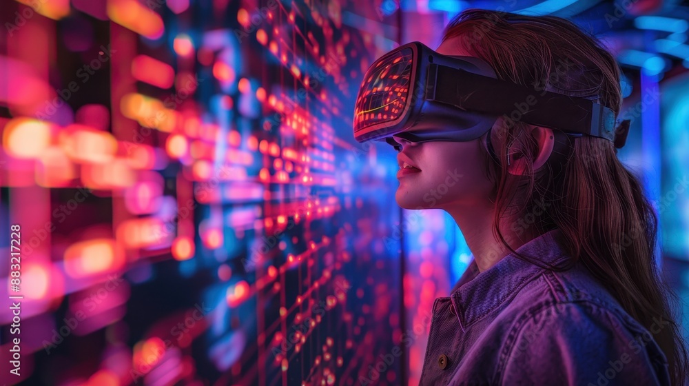 Students developing research skills in a virtual reality environment, Futuristic, Neon, Digital Art Students developing research skills in a virtual reality environment, Futuristic, Neon, Digital Art