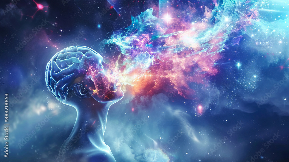 Naklejka premium A surreal digital artwork depicting a human figure with a transparent head, exhaling a cosmic nebula into the universe, symbolizing the infinite power of imagination and thought