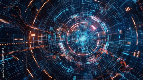 Abstract Digital Tunnel with Blue and Orange Glowing Lines