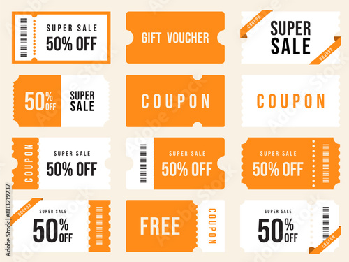 Coupon promotion set. Gift voucher or discount